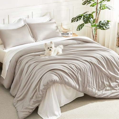 Litanika Linen Grey Comforter Set Queen Size, 3 Pieces Lightweight Solid Bedding Comforter Set, All Season Fluffy Bed Set (90x90In Comforter & 2 Pillowcases)