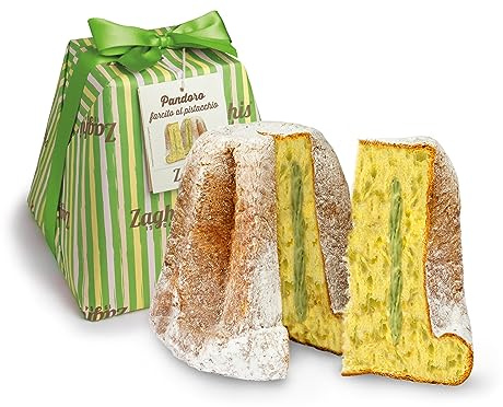 ZAGHIS Pandoro Artigianale Pistacchio 1000g, Con Crema al Pistacchio da spalmare, Gocce di Cioccolato Bianco al Pist e zucchero a Velo, Ricetta Artigianale di Luigi Zaghis