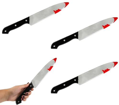 Cuchillo de Halloween – Paquete de 3 – 30 cm de largo falso cuchillo sangriento con mango negro – Halloween Slasher Bloody Knife Accesorio de accesorio para disfraz