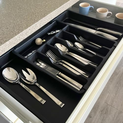 Limux Organizador de cajones de Cubiertos, Bandeja Extensible para Utensilios de Cocina, Soporte Ajustable para Cubiertos y Cubiertos, Almacenamiento de plástico Compacto