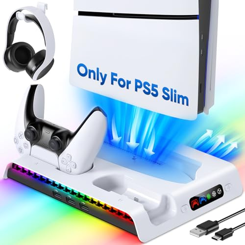 KOVA Ladestation nur für PS5 Slim, Kühlstation für Konsole mit 9 eingezäunten Beleuchtungsmodi, Headset-Haken, 3 USB-Hubs, platzsparendes und Zubehör-Set für Playstation 5 Slim (nicht für normale PS5)