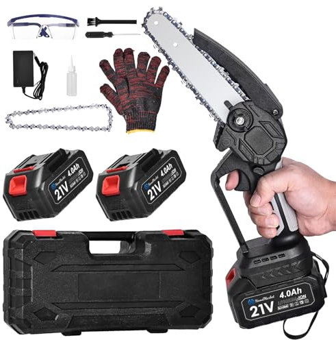 Mini Chainsaw, 6 Inch Portable Electric Cordless Chainsaw with 2 Large Capacity 4000mAh Battery & 2 Chains, Wood/Tree Saw for Tree Branches, Courtyard, Household & Garden