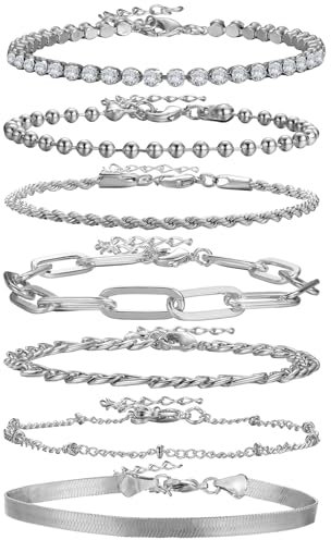 Emibele Silber-Armband-Set für Damen Mädchen, Gliederarmbänder Layered Figaro Büroklammer Tennis Beaded Verstellbares stapelbares Armband Modeschmuck, 7 Stück, Silber