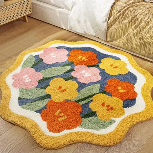 Aldopein Tappeto da bagno rotondo a pelo lungo, antiscivolo, lavabile, con motivo floreale carino e colorato, assorbente, in microfibra soffice e peluche per bagno, giallo/arancio