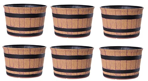 Jinfa 6er-Set Miniteich Pflanzkübel aus Kunststoff in Weinfassoptik bottich Blumenkübel | Farbe: Walnuss | Design: Barrique | Ø 36 cm