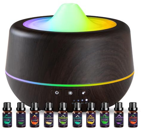 Aroma Diffuser, Upgraded 500ml Ultraschall Diffusor für Ätherische Öle (Enthalten x10Pcs Ätherisches Öl), Mist Air Diffuser Set mit 7 Farbe Led-Leuchten, Automatische Abschaltfunktion-Schwarz