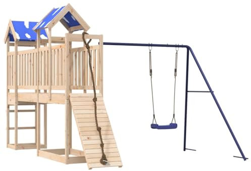 vidaXL Spielturm, Klettergerüst mit Brücke Kletterwand Seil Schaukel, Kinder Kletterturm Spiel-Zubehör für Garten, Holz Spielplatz Spielhaus, Massivholz Kiefer