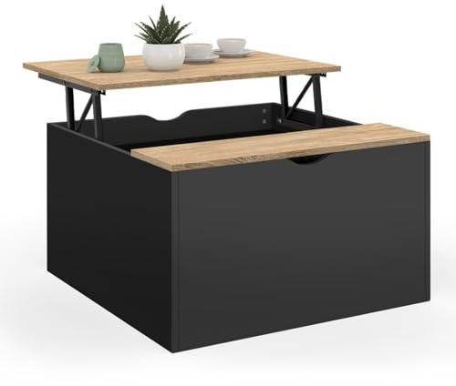 IDMarket - Table Basse Plateau relevable carrée ELEA avec Coffre Bois Noir et façon hêtre