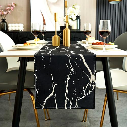 Jayusaror Tischläufer Modern Herbst Schwarz und Weiß Leinen Marmor Goldene Textur Abstrakte Kunst Waschbarer Tischläufer für Kaffee, Esszimmer, Kommode, Beistelltisch, Schlafzimmer, 40 x 140 cm