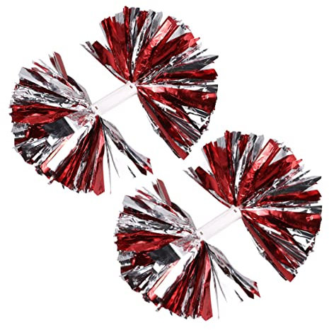 WOONEKY 2stücke Bunte Wiederverwendbare Cheerleading Pompons Mit Griff Farbige Unterstützung Für Junge Mädchen Für Wettbewerbe Und Sportveranstaltungen Rot Mit Silber