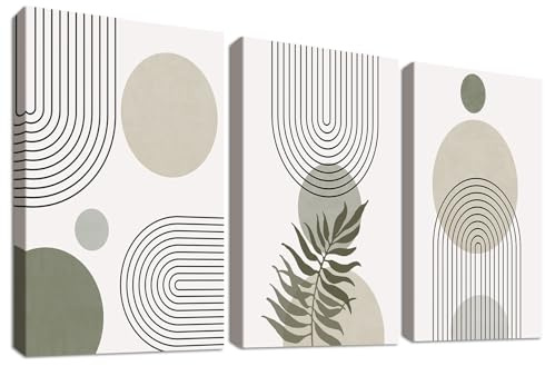 3 Pcs Abstrakt Boho Salbei Grün Mit Rahmen Leinwand Bilder Geometrische Linie Beige Grün Bild auf Leinwand Malerei Wandbilder Wanddeko Wohnzimmer Schlafzimmer Dekorationen 120x60cm (16x24x3)