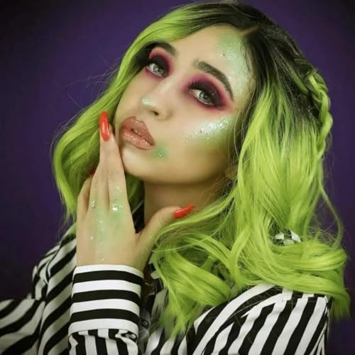 PORSMEER Peluca verde degradada peluca de rizos cortos, peluca Bob, pelucas verdes matcha, pelucas de ondas para mujer, pelucas de ondas de playa para fiesta de disfraces, 35 cm