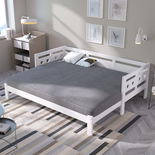 BNUZ Daybett Tagesbett,Ausziehbar Bett,Kiefer massiv, mit 2. Schlafgelegenheit und Rollrost Herzform Bett Weiß (90 x 190 cm)