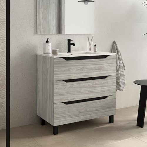 bathme Trio Mueble de Baño con Lavabo 3 Cajones Color Roble Cambrian - Medida: 60 cm 60 cm