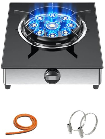 Quemador de wok de un solo quemador para sartenes y sartenes redondas, estufa de gas portátil con soporte de bloque de viento, cocina interior para gas licuado, diseño independiente con fuego recogido