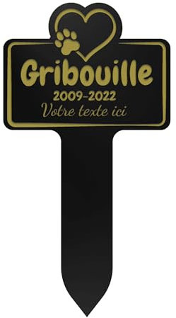 GRAVURE CONCEPT Plaque Funéraire pour Animaux - Stèle Commémorative Personnalisable PVC (Chien/Chat etc) - (Modèle 1 / Noir Texte Jaune)