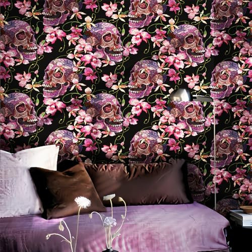 Selbstklebende Tapete Rosa Schädel Lila Strukturtapete Wandtattoo Schlafzimmer Tapete Selbstklebend Vliestapete Wallpaper for Living Room Tapeten Leicht zu Entfernen Wandschutzfolie 38.6x100.6cm