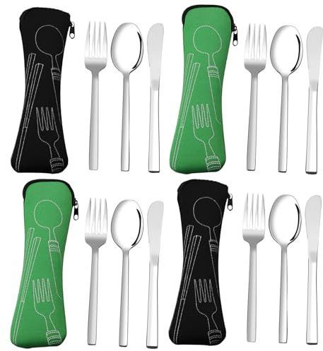 Doryh Travel Knife Fork and Spoon Set of 4, 3 Pieces Stainless Steel Camping Cutlery with Case, Green and Black, F