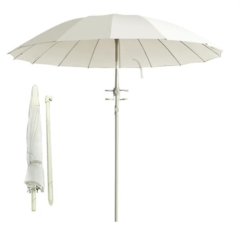 Generisch Parapluie de jardin Shanghai portable, beige, 220 cm, avec fonction d'inclinaison, sac de transport et porte-gobelet, idéal pour les voyages à la plage, 16 baleines en fibre de verre pour