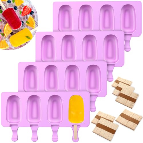 Outus 4 Pieces Ice Cream Mould Silicone Ice Lolly Mold 4-cavity Cake Pop Moulds Baking Molds with 200 Pieces Sticks for Treats (Purple)