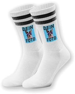 NIMAMA Damen & Herren Socken bedrucken lassen mit eigenem Foto - Unisex Tennissocken als Geschenk - Weiße Sportsocken mit lustigem Logo Statement