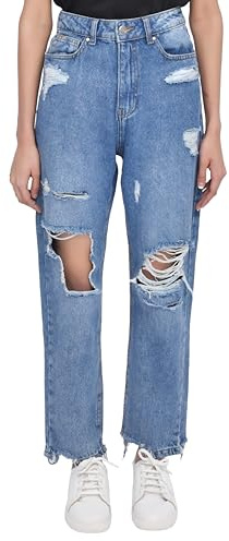 SmartLiving Women's Casual Style High-Waisted Torn Hem Rip Mom Jeans (UK, Numeric, 14, Regular, Regular, Mid Wash)