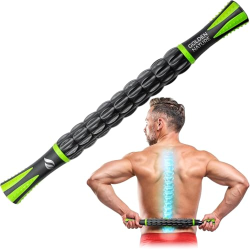 Muscle Roller Stick - Lymphatic Drainage Massager with 9 Rollers - Handheld Deep Tissue & Trigger Point Tool for Pain Relief and Cellulite Reduction - for Legs, Shoulders & Body - by Golden Nature
