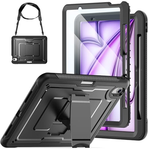 SEYMAC stock Case for iPad Air 11'' (M4/M3/M2) 2026/2025/2024 | Full Body Protection/ Drop-proof, with Screen Protector, Foldable Stand & Shoulder Strap, for iPad Air 11 Inch, Black