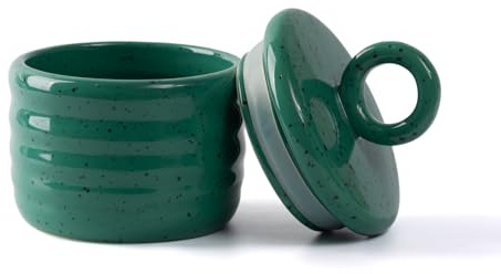 Salt Cellar Keeper with Ceramic Lid, Big Capacity Ceramic Sugar Bowls Pepper Box, Speckled Glaze Seasoning Container Condiment Pot for Kitchen (Green)