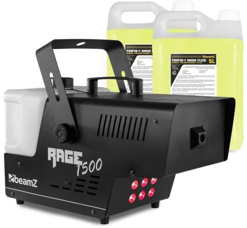 BeamZ RAGE1500LED Nebelmaschine mit Flüssigkeit, 1500 Watt Fogger inkl. 10L Nebelfluid, DMX Rauchmaschine mit Lichteffekt, Intervall Timer Fog Machine, Funkfernbedienung, 3,5 Liter Tank, Partyrauch