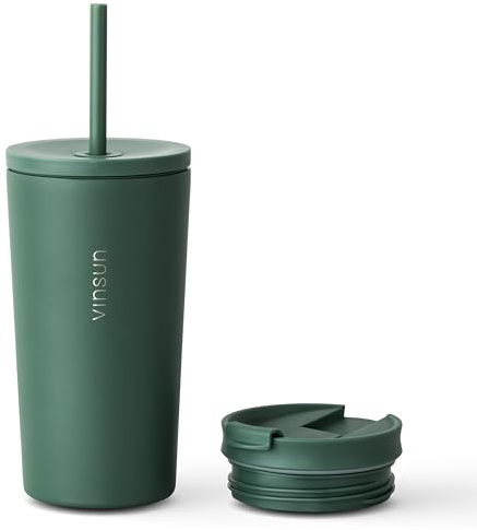 VINSUN Vaso Térmico con Pajita 480ml - Acero Inoxidable, a Prueba de Fugas | Doble Pared, Reutilizable - Taza Térmica con Dos Tapas para Coche, Escuela