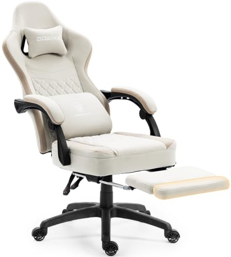 Dowinx Gaming-Stuhl Stoff mit Ausziehbare und Klappbare Fußstütze, Ergonomischer Bürostuhl mit Gelkissen und Taschenfederkissen, Verstellbarer Gaming Sessel Gamer Chair für Erwachsene Beige
