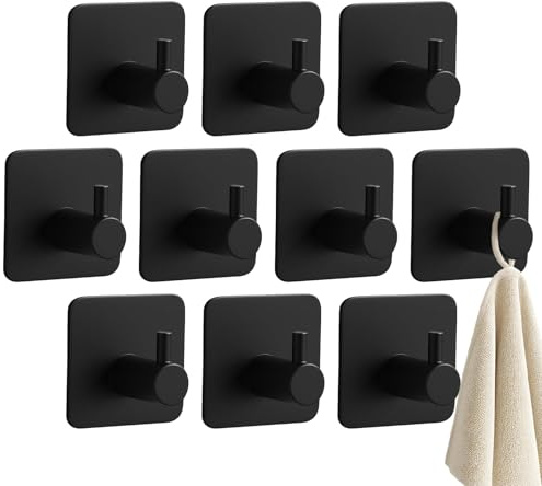 PjuQow 10 Stück Handtuchhalter Ohne Bohren, Schwarz - Badezimmer Handtuchhalter Aus Edelstahl, Handtuchhalter Ohne Bohren, Funktionale Klebehaken, Hohe Tragkraft - Wasserfeste Haken Für Bad