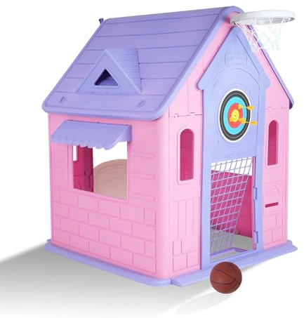 Charming Cottage Playhouse for Kids - Indoor Outdoor Play House with Basketball Hoop, Dart Board & Soccer Goal - Educational Role Play Toy for Kids 3-8Y