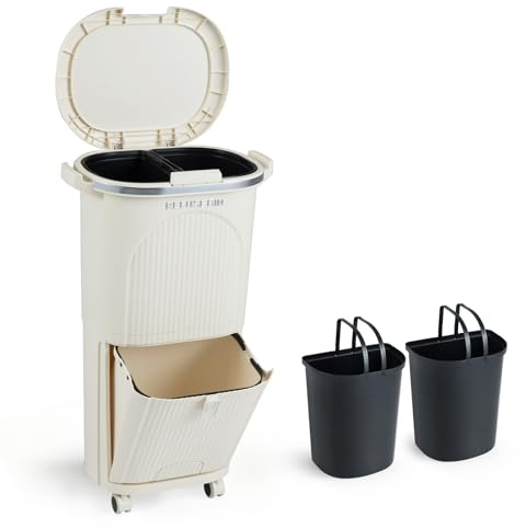 COSTWAY Poubelle Cuisine Double Compartiments en Plastique 38L, Poubelle Tri Selectif a Roulettes, Seaux Amovibles 2x12L, Panier a Pédale 14L avec Poignée, pour Salon, Salle de Bain (Beige,38L)