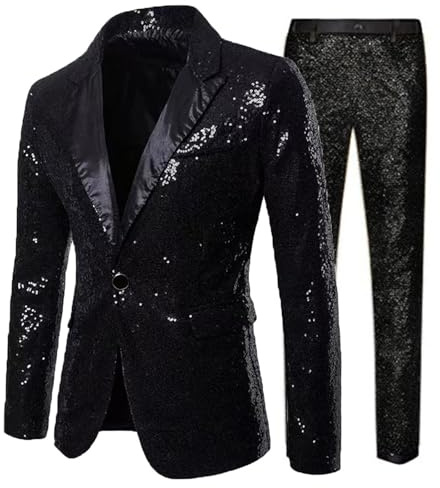 ZDSUHYIW Glitzer Anzug Herren 2 Teilig Slim Fit Blazer Pailletten Anzug Set Für Party Abschlussball Slim Fit Jacke Hose Karneval Kustüm 70Er 80Er Jahre Outfit Mottoparty Elegant Herrenanzug
