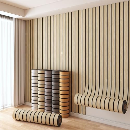 Self-Adhesive Wood-Look Wallpaper 2mm Thick Acoustic Panels Wood Wall 3D Effect Scandinavian Wood Panels Wood Wall Waterproof Peel and Stick Wall Panels for Living Room,Wood,1 Rolle 300x40cm
