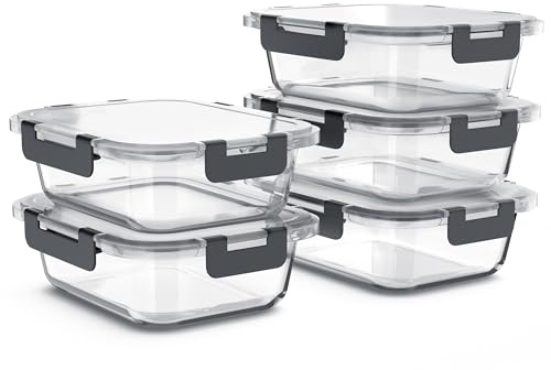 Arendo - Glas Frischhaltedosen Vorratsdosen für Lebensmittel mit Deckel luftdicht - 5er Set - 1000 ml - für Mikrowelle Gefrierschrank - Spülmaschinen geeignet - Lunchboxen Meal Prep Boxen