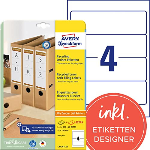 AVERY Zweckform LR4761-25 Recycling Ordnerrücken Etiketten (120 Rückenschilder, 61x192mm auf A4, 100% recyceltes Altpapier, breit/kurz, selbstklebend, bedruckbare Ordneretiketten) 30 Blatt, naturweiß