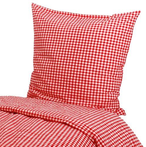 Hans-Textil-Shop Hotelbettwäsche Kariert Rot 135×200 + 80×80 – Baumwolle Seersucker, Karo 1×1 cm, bügelfrei, Kochfest 95°, mit Hotelverschluss, Oeko-TEX® Standard 100