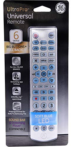 GE Big Button Backlit Universal Remote Control for Samsung, Vizio, Lg, Sony, Sharp, Roku, Apple TV, TCL, Panasonic, Smart TVs, Streaming Players, Blu-Ray, DVD, 6-Device, Silver, 33712