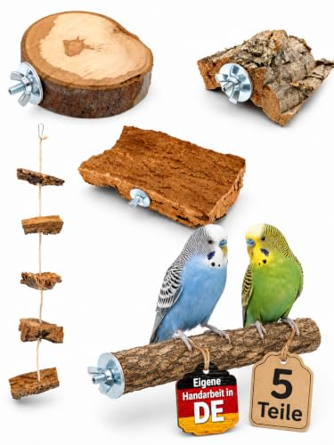 Vogelgaleria® 5- teiliges Set Kork Vögel Wellensittich | Korksitzbrett, Kork-Knabberseil, Korkpickstein, Korksitzstange, Wildapfel Sitzbrett