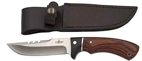 THIRD 13572PW jaktkniv, med 440 stålblad 12,4 cm satinerad, paketkasträhandtag och svart trä, med läderfodral