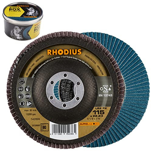 RHODIUS LSZ F2 BOX, 5 Stück Metall Fächerscheiben Ø 115 mm K80, Fächerschleifscheiben INOX für Winkelschleifer, Schleifscheibe, Schleifmopteller, Flexscheibe
