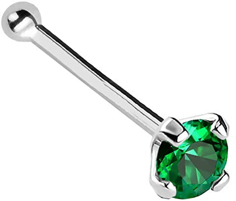 22G Solid 14Kt Gold Nose Bone Stud with Prong Set real Emerald Gemstone, 14kt Yellow Gold or 14kt White Gold - May Birthstone Nose Ring, Metal, emerald