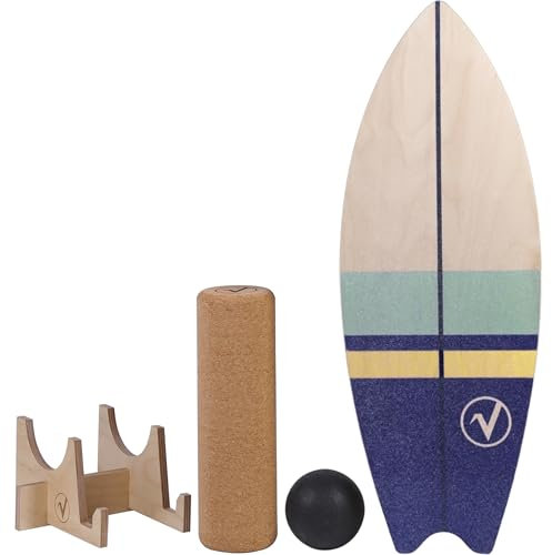 valuents Balance Board aus Holz in Surfboard Form inkl. Rolle für Neuromuscular Response Training +Plus: Halterung & Ball