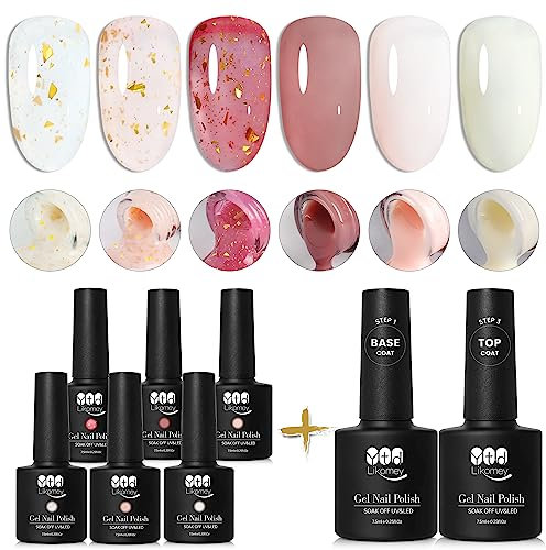 YTD Likomey UV Nagellack Set,6 Farben Transluzent Natur Blattgol Rosa Milchig Weiß mit Base und Top Coat Kit,Farbgel für Gelnägel Maniküre Jelly Gel Nail Polish,8 Pcs 7.5 ml