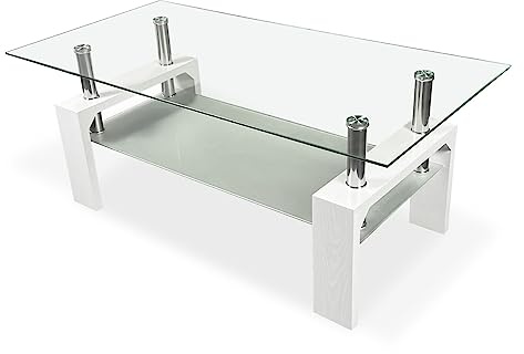 Homey - Mesa de Centro de Cristal, Mesita de Salón o Comedor, Modelo Tango, Acabado en Color Blanco, Medidas: 110 cm (Ancho) x 55 cm (Fondo) x 45 cm (Alto)