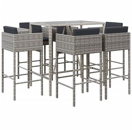 vidaXL Gartenbar Set 7-TLG., Gartenmöbel Bartisch 6 Barstühle, Stehtisch Barhocker für Garten Terrasse, Sitzgruppe Gartenset mit Kissen, Grau Poly Rattan