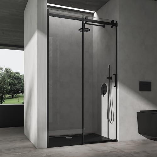 doporro Nischentür Duschtür 130x195cm Duschkabine Schiebetür Klarglas | 8mm ESG-Sicherheitsglas mit Nano-Beschichtung | Aluminiumrahmen in Schwarz | Teramo19K